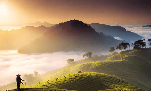An image depicting a lush, terraced tea plantation nestled amidst mist-covered mountains, with traditional tea pickers gently plucking delicate oolong leaves