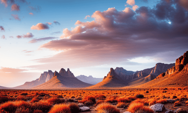 An image showcasing a vast, picturesque landscape of the Cederberg Mountains in South Africa, adorned with indigenous shrubs and vibrant red rooibos plants thriving amidst the rocky terrain