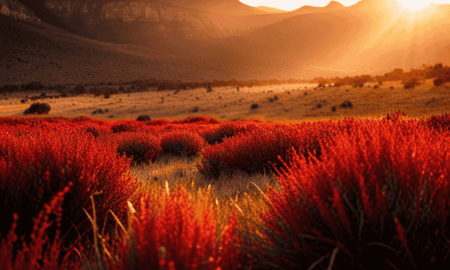 An image that captures the lush, rolling hills of South Africa's Cederberg region, showcasing vibrant red Rooibos plants flourishing amidst the indigenous fynbos vegetation, under the golden rays of the African sun