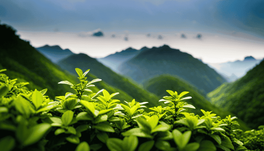 An image capturing the serene beauty of a lush mountainside, adorned with delicate green tea bushes