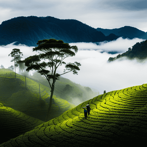 An image showcasing the lush, mist-covered tea gardens of the mountains, with vibrant green tea leaves gently being plucked by skilled hands, conveying the origin of Yogi Green Tea