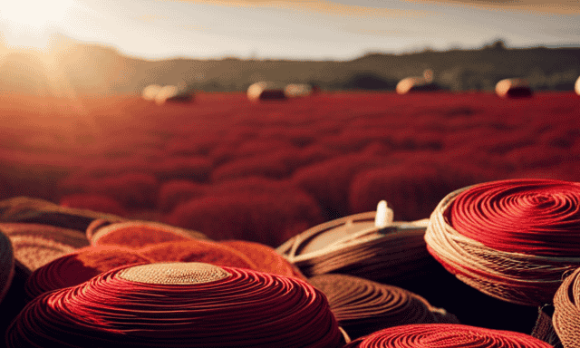 An image capturing the vibrant hues of a bustling South African marketplace, adorned with rows of handwoven baskets overflowing with freshly harvested Rooibos leaves, their rich red color contrasting against the earthy tones of the surrounding landscape