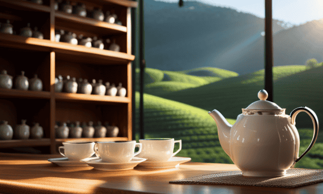 An image that showcases a serene tea shop nestled amidst lush green hills, with delicate teacups and teapots displayed on wooden shelves