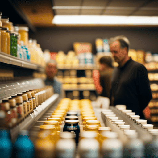 An image showcasing a quaint grocery store aisle with neatly arranged shelves filled with Postum jars in various flavors, alongside a friendly store clerk assisting a customer