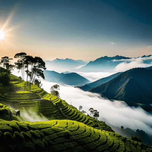 An image showcasing the picturesque terraced tea plantations, nestled amidst the misty Himalayan mountains