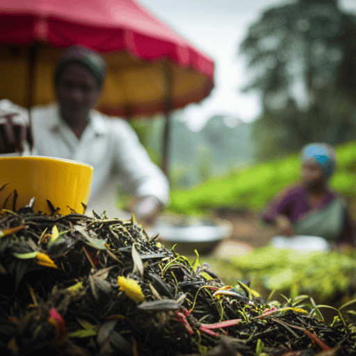 An image showcasing a serene tea garden, with vibrant green tea leaves being harvested by skilled hands
