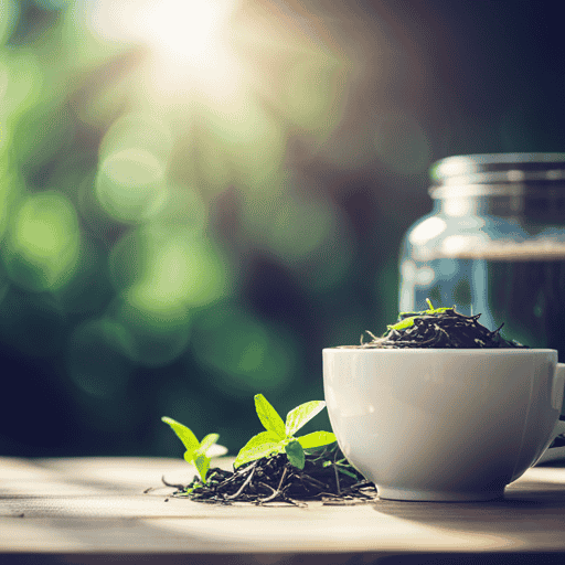 An image featuring a serene, sunlit herbal garden with vibrant, lush green tea leaves