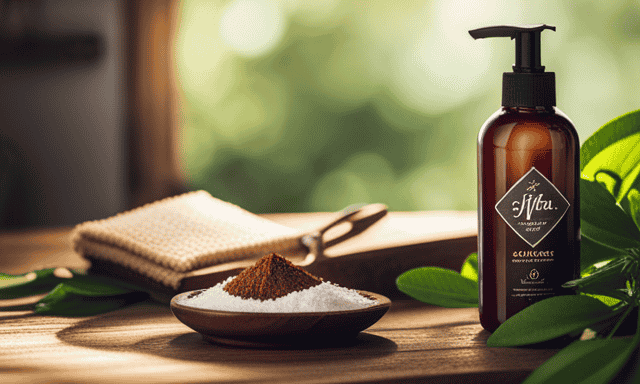 An image showcasing an Alaffia Rooibos and Shea Butter Toner bottle beautifully placed on a wooden shelf, surrounded by lush green leaves, with soft natural light illuminating the product