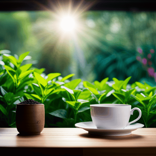An image showcasing a serene, lush garden filled with vibrant green tea leaves and delicate flowers