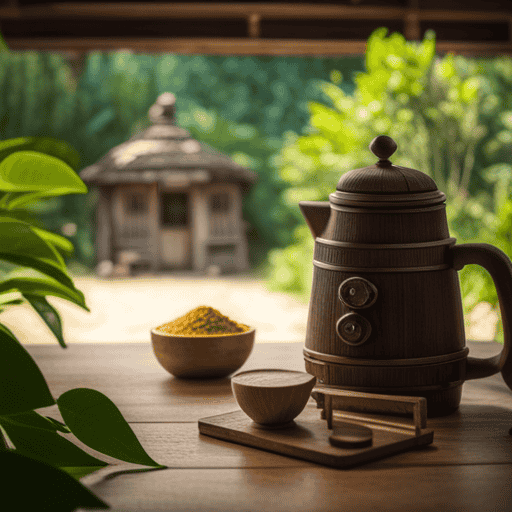 An image showcasing a cozy, rustic teahouse nestled amidst lush greenery