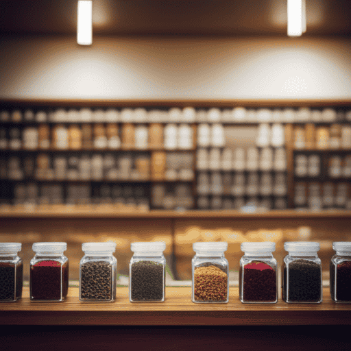 An image showcasing an inviting, well-lit herbal tea shop with shelves neatly stocked with an abundance of colorful, aromatic tea canisters, depicting a variety of herbs and flavors, inviting readers to explore the world of bulk herbal tea