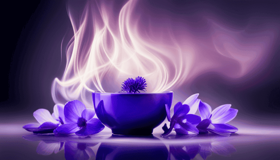 -up shot of a vibrant blue teacup filled with freshly brewed butterfly pea flower tea, adorned with delicate purple petals floating on the surface, and a steam rising gracefully from the cup