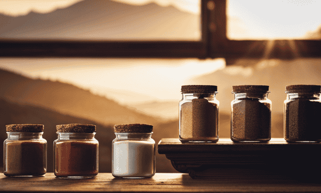 An image showcasing a rustic wooden shelf adorned with elegant glass jars, each filled with finely ground chicory root powder