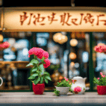 An image showcasing a quaint tea shop in Singapore, adorned with vibrant flower-filled displays