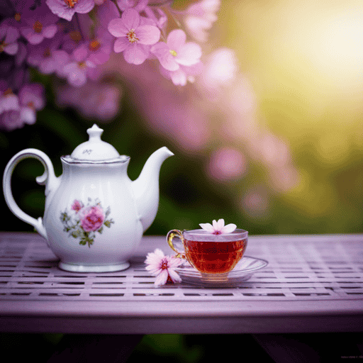 An image showcasing a vibrant, whimsical garden with a charming teapot nestled amidst blooming flowers