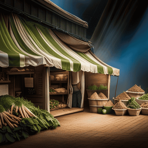 An image showcasing a vibrant farmer's market stall, brimming with baskets of luscious, earthy chicory roots