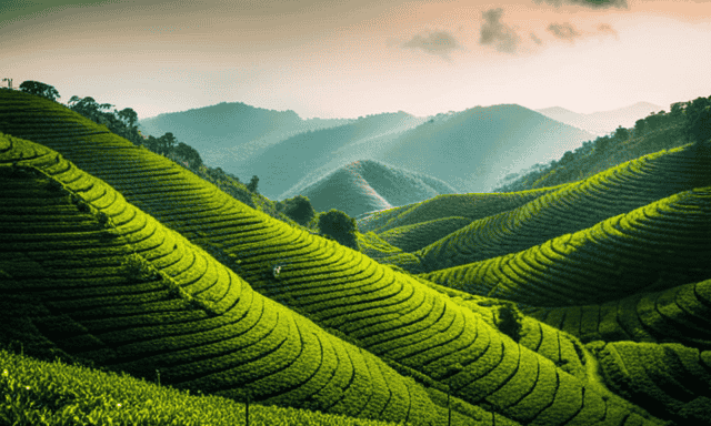 An image showcasing a serene tea plantation nestled amidst rolling hills, with lush green tea leaves being carefully hand-picked by skilled farmers
