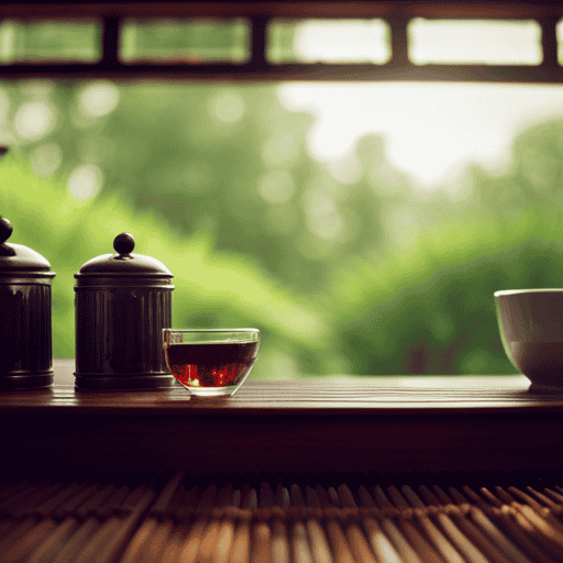 An image showcasing a cozy teahouse nestled amidst lush greenery, with a variety of vibrant, exotic tea leaves displayed elegantly on wooden shelves