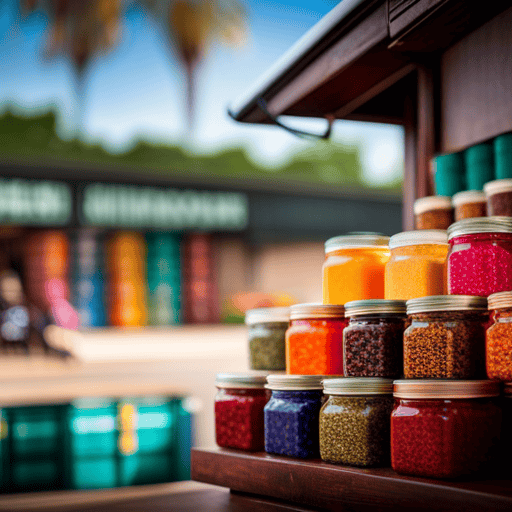 An image showcasing a vibrant Houston marketplace, bustling with aromatic stalls offering a kaleidoscope of herbal teas