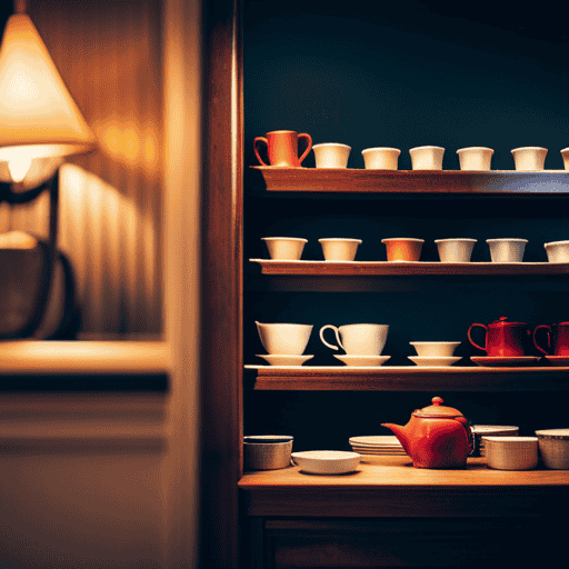 An image showcasing a cozy corner of a charming tea shop in Redding, adorned with shelves filled with a colorful array of aromatic herbal tea blends, enticing customers to explore and indulge their senses