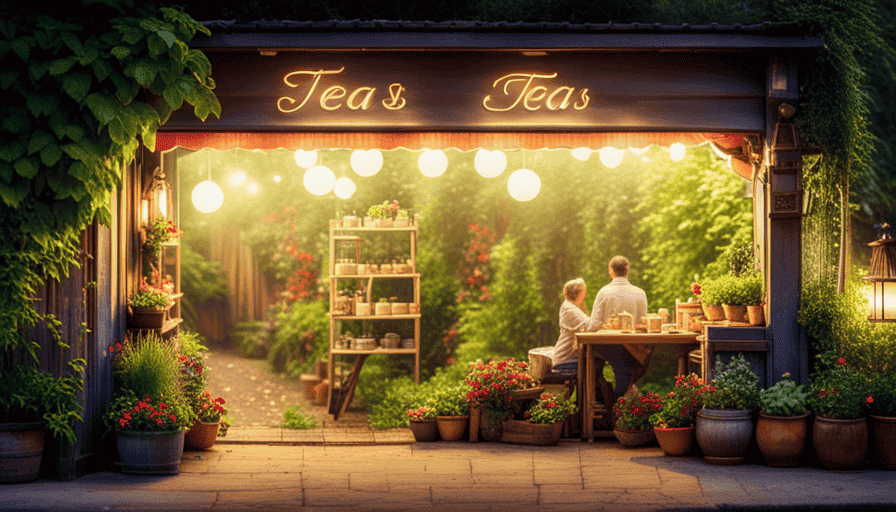 An image showcasing a serene tea shop nestled amidst lush greenery, with an inviting entrance adorned with hanging baskets of aromatic herbs