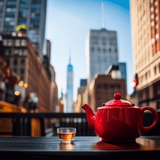 An image showcasing a vibrant NYC scene with a charming, cozy tea shop nestled between towering buildings