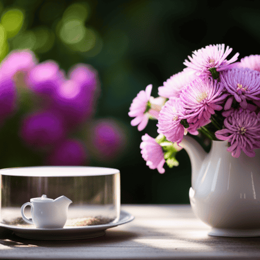 Nt image showcasing a serene garden scene, with a rustic wooden table adorned with a beautifully arranged bouquet of jicama flowers and a steaming teapot, inviting readers to explore the wonders of jicama flower tea