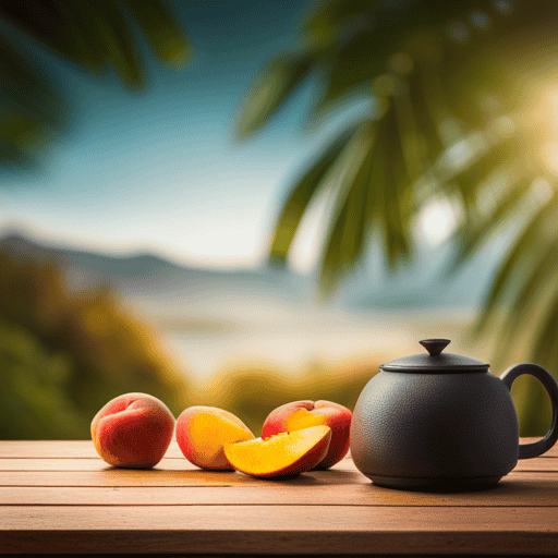 An image showcasing a serene outdoor scene with a rustic wooden table adorned with a steaming cup of Lipton Peach Mango Herbal Tea, surrounded by fresh peach slices and vibrant mango chunks