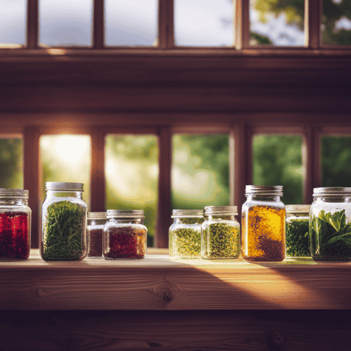 the essence of a cozy herbal haven: a rustic wooden shelf brimming with colorful mason jars, each filled with fragrant loose herbal tea varieties
