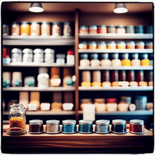 An image showcasing a quaint tea shop with shelves adorned with colorful tins of loose leaf herbal tea varieties, a knowledgeable vendor offering samples, and customers leisurely browsing and making purchases