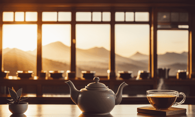 An image showcasing a serene tea shop, adorned with wooden shelves neatly lined with an array of vibrant loose rooibos tea varieties