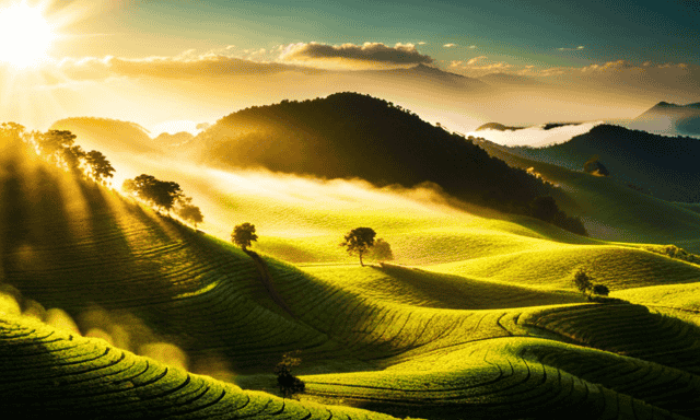 An image featuring a serene tea plantation nestled amidst mist-covered emerald mountains, showcasing vibrant tea leaves with uniquely twisted edges