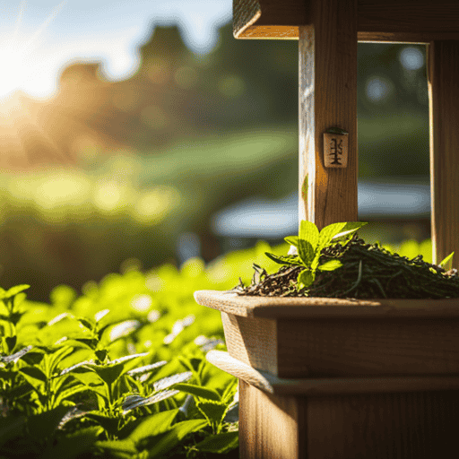 An image showcasing a serene, sun-drenched herbal garden with vibrant green tea leaves gently swaying in the breeze