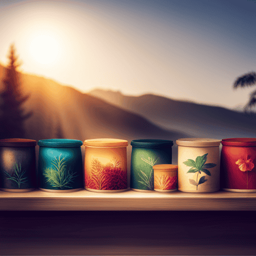 An image showcasing a cozy wooden shelf adorned with neatly arranged vibrant packets of Natures's M herbal tea