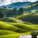 An image showcasing a serene tea plantation nestled amidst rolling hills, with vibrant green tea leaves delicately arranged in baskets