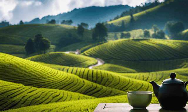 An image showcasing a serene tea plantation nestled amidst rolling hills, with vibrant green tea leaves delicately arranged in baskets