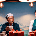 An image showcasing a cozy corner in a vibrant tea shop adorned with shelves of exquisite Oolong tea varieties, displayed in colorful canisters, while a knowledgeable tea connoisseur assists a customer in selecting their preferred blend