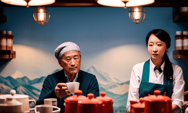 An image showcasing a cozy corner in a vibrant tea shop adorned with shelves of exquisite Oolong tea varieties, displayed in colorful canisters, while a knowledgeable tea connoisseur assists a customer in selecting their preferred blend