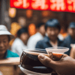 An image showcasing a vibrant Taiwanese tea market bustling with locals and tourists