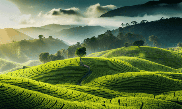 An image showcasing a serene tea plantation nestled amidst rolling hills, with lush green oolong tea leaves carefully hand-picked by farmers, capturing the essence of where to buy oolong tea leaves
