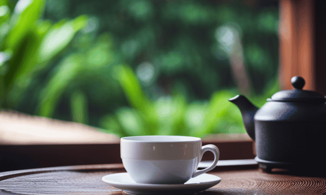 An image capturing the serene ambiance of a quaint teahouse nestled amidst lush green tea gardens
