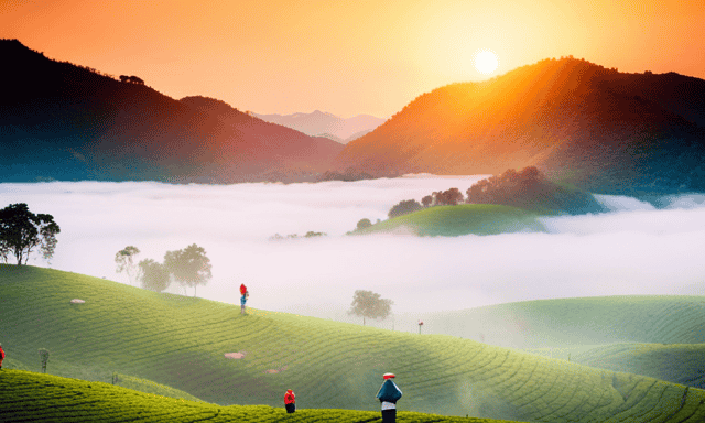 An image showcasing a serene tea plantation against a backdrop of misty mountains, with hand-picked oolong tea leaves arranged beautifully in colorful canisters