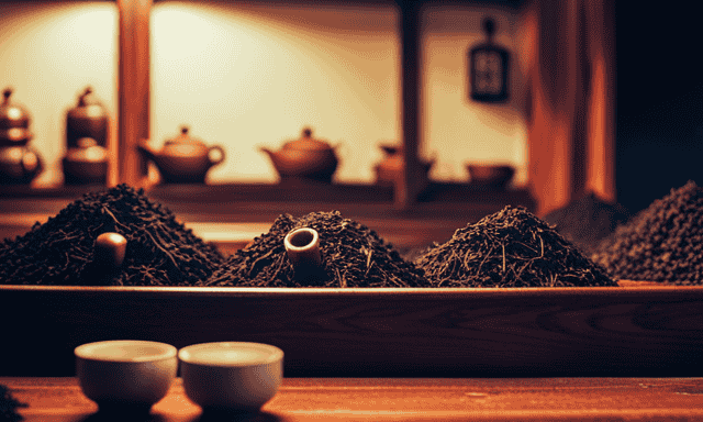 An image capturing the serene ambiance of a traditional tea shop, adorned with wooden shelves displaying a vast array of carefully packaged Oolong tea leaves