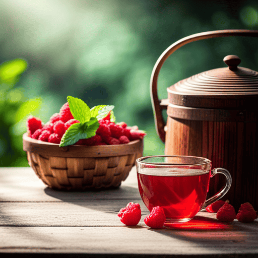 An image showcasing a serene garden scene with a rustic wooden table adorned with a steaming cup of organic red raspberry herbal tea, accompanied by a basket of freshly picked raspberries