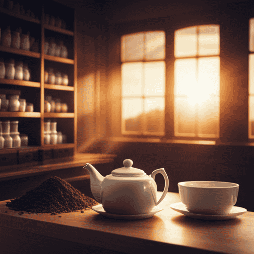 An image showcasing a serene tea shop with shelves adorned with vibrant boxes of Organic Throat Coat Herbal Tea