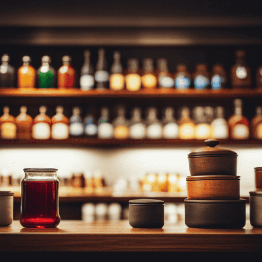 An image capturing a cozy corner of a Chicago tea shop, with shelves lined with colorful jars of passion flower tea, inviting customers to explore its rich aroma and vibrant flavors