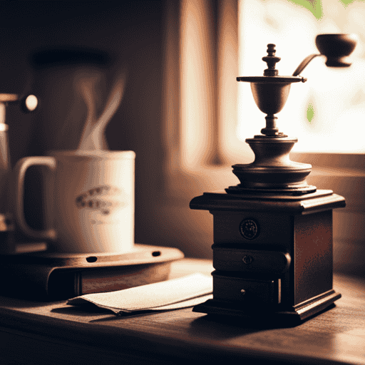 An image featuring a cozy kitchen with a rustic wooden countertop adorned with a vintage coffee grinder, a jar of Postum coffee substitute, and a steaming cup of the rich, dark beverage
