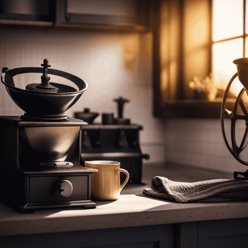 An image showcasing a serene Canadian kitchen, with warm morning sunlight filtering through a window onto a steaming cup of Postum placed beside a vintage coffee grinder