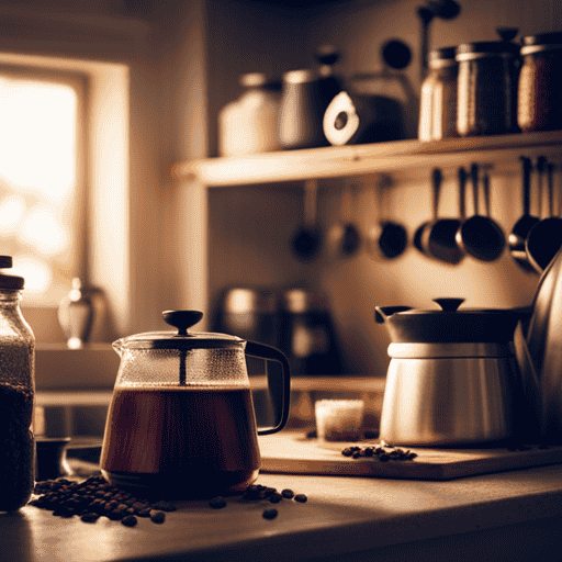 An image capturing a cozy kitchen scene with a vintage coffee pot brewing a steaming cup of rich Postum, surrounded by shelves stocked with jars of the beloved coffee alternative, showcasing its availability and appeal