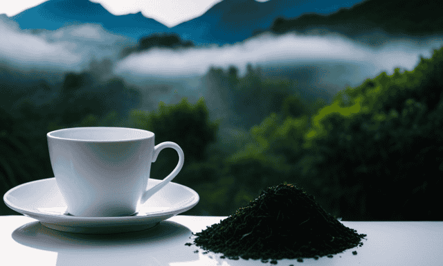 An image showcasing a serene tea plantation with lush greenery and mist-covered mountains in the backdrop